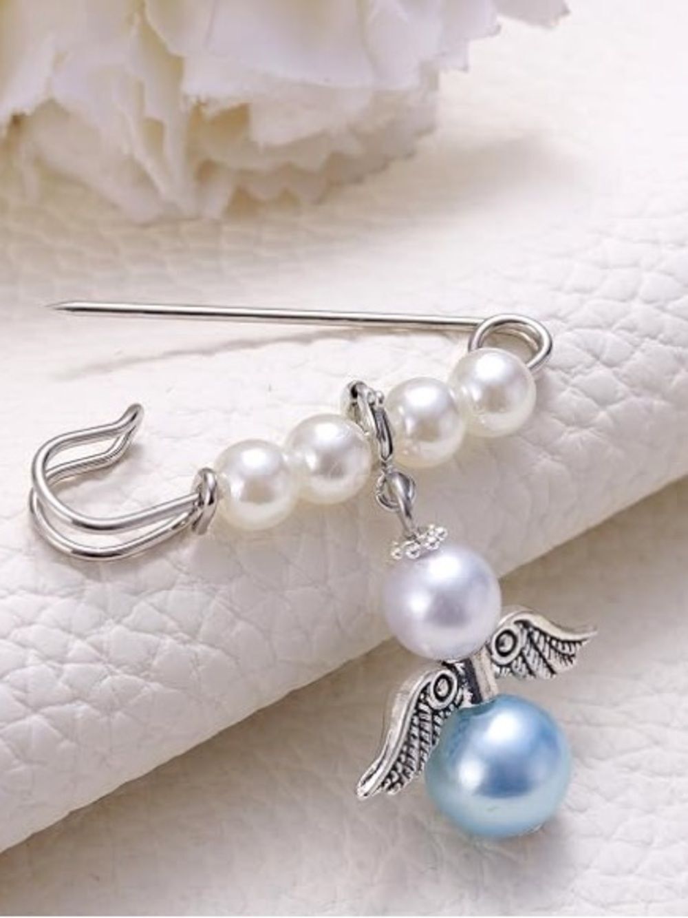 Wedding Day Pearl Angel Brooch Pin - White and Light Blue - Heavenly Brooch